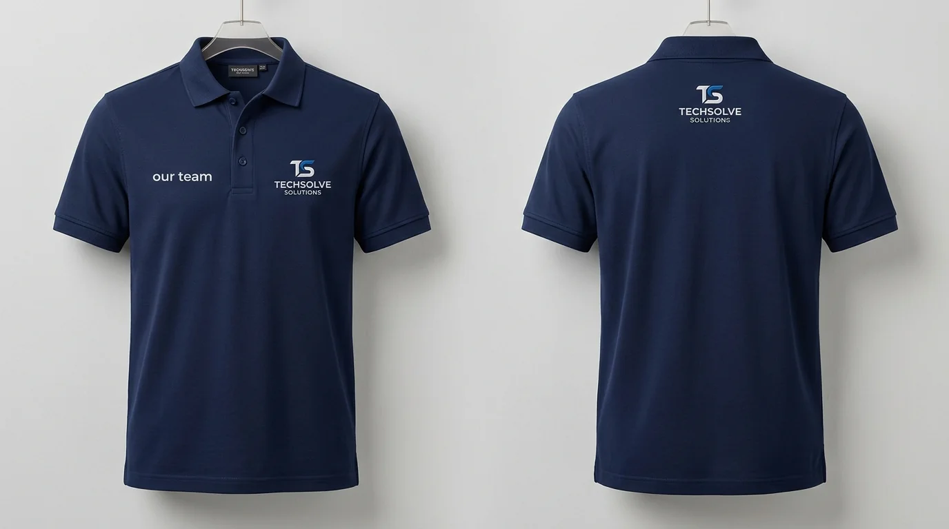 Navy cotton polo, front and back, with a small chest logo