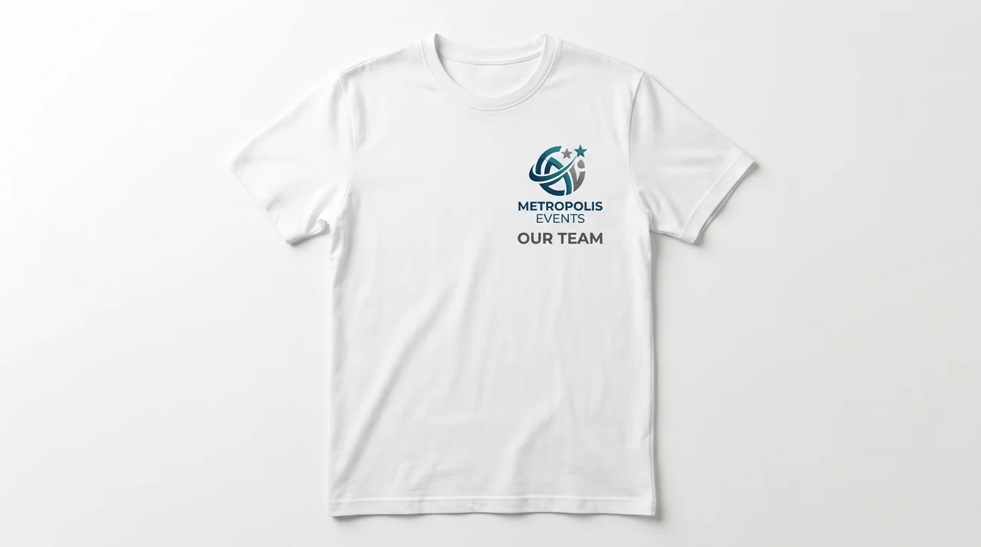White event tee with a small printed chest logo