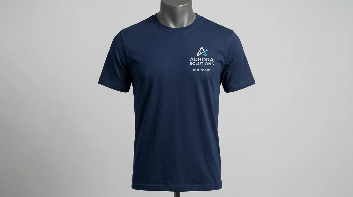 Navy round-neck tee with a printed chest logo