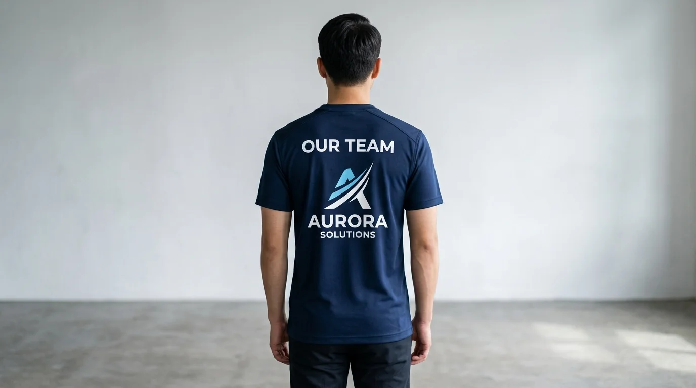Navy staff tee photographed from the back with the company name printed
