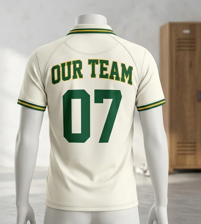 Cricket jersey, front and back, with team crest and number — back