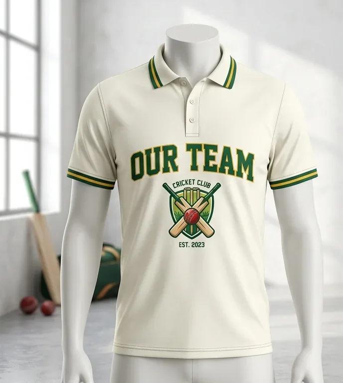 Cricket jersey, front and back, with team crest and number — front