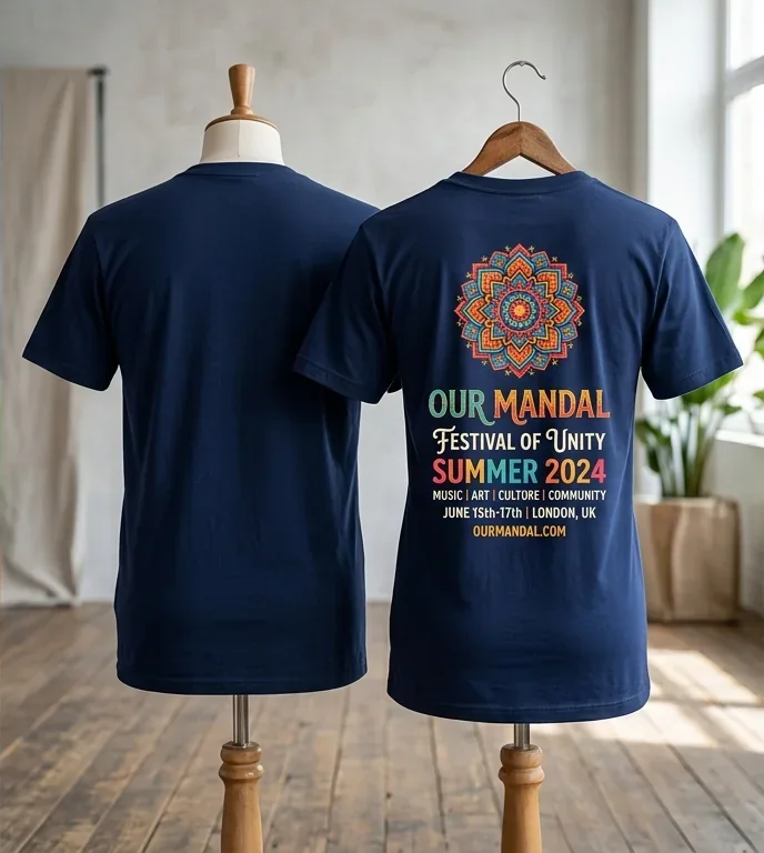 Festival tee, front and back, with mandala artwork and the group name — back