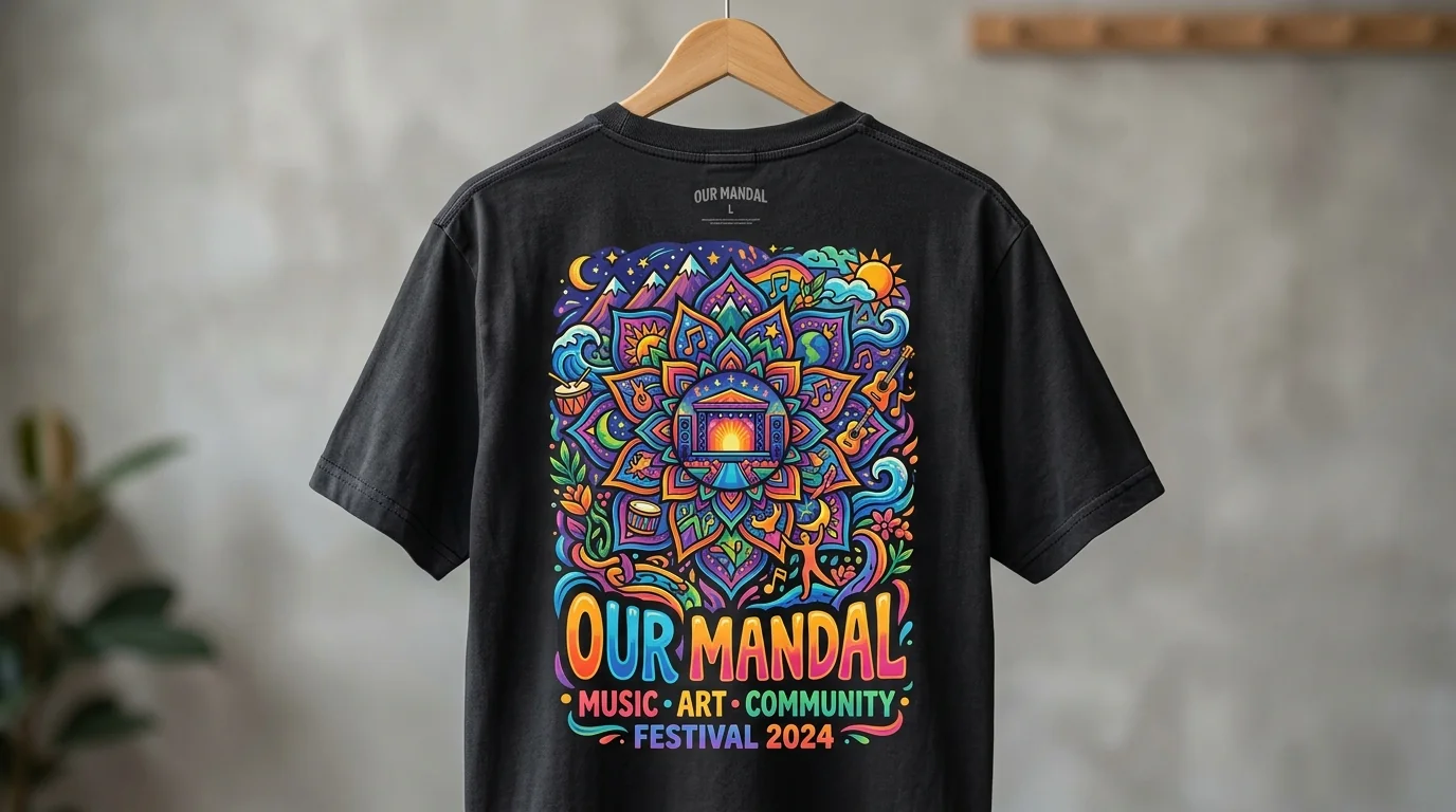 Black festival tee with a full-colour printed panel — front