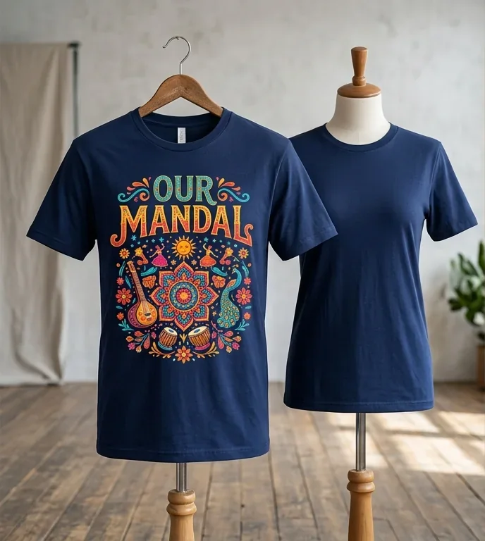 Festival tee, front and back, with mandala artwork and the group name — front