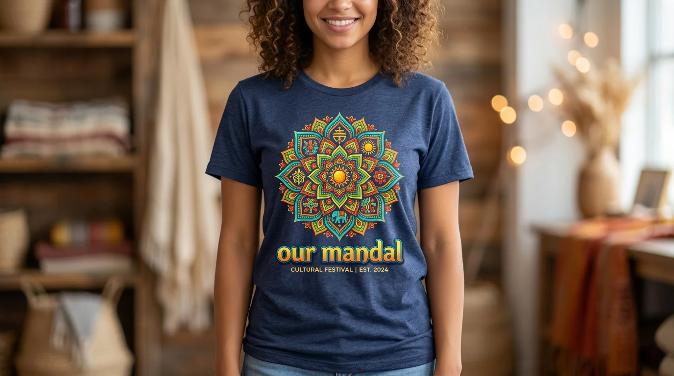 Festival tee with mandala artwork, worn — front