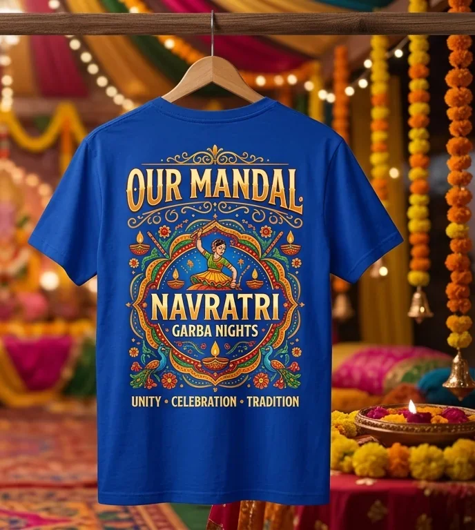 Navratri group tees photographed against a festival backdrop — back