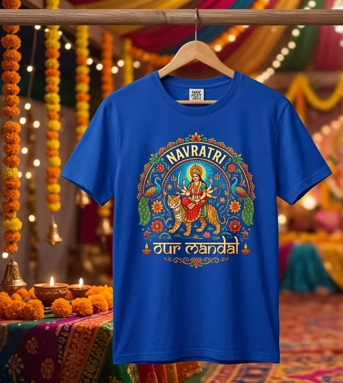 Navratri group tees photographed against a festival backdrop — front