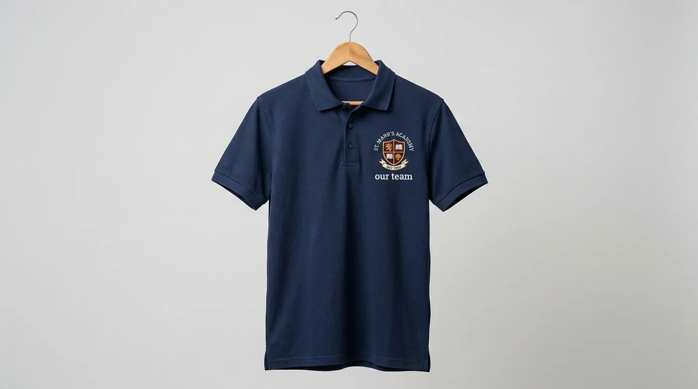 Navy school polo with an embroidered crest on the chest