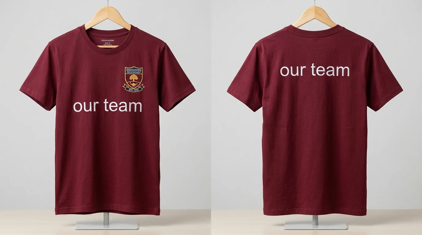 Maroon house tee, front and back, with the school crest